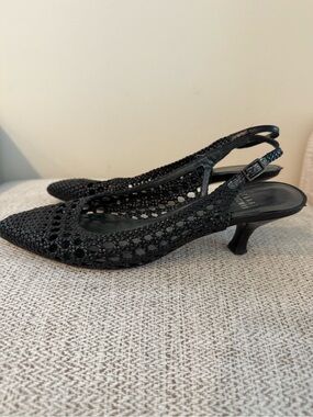 Stuart Weitzman Black Woven Slingback Kitten Heels